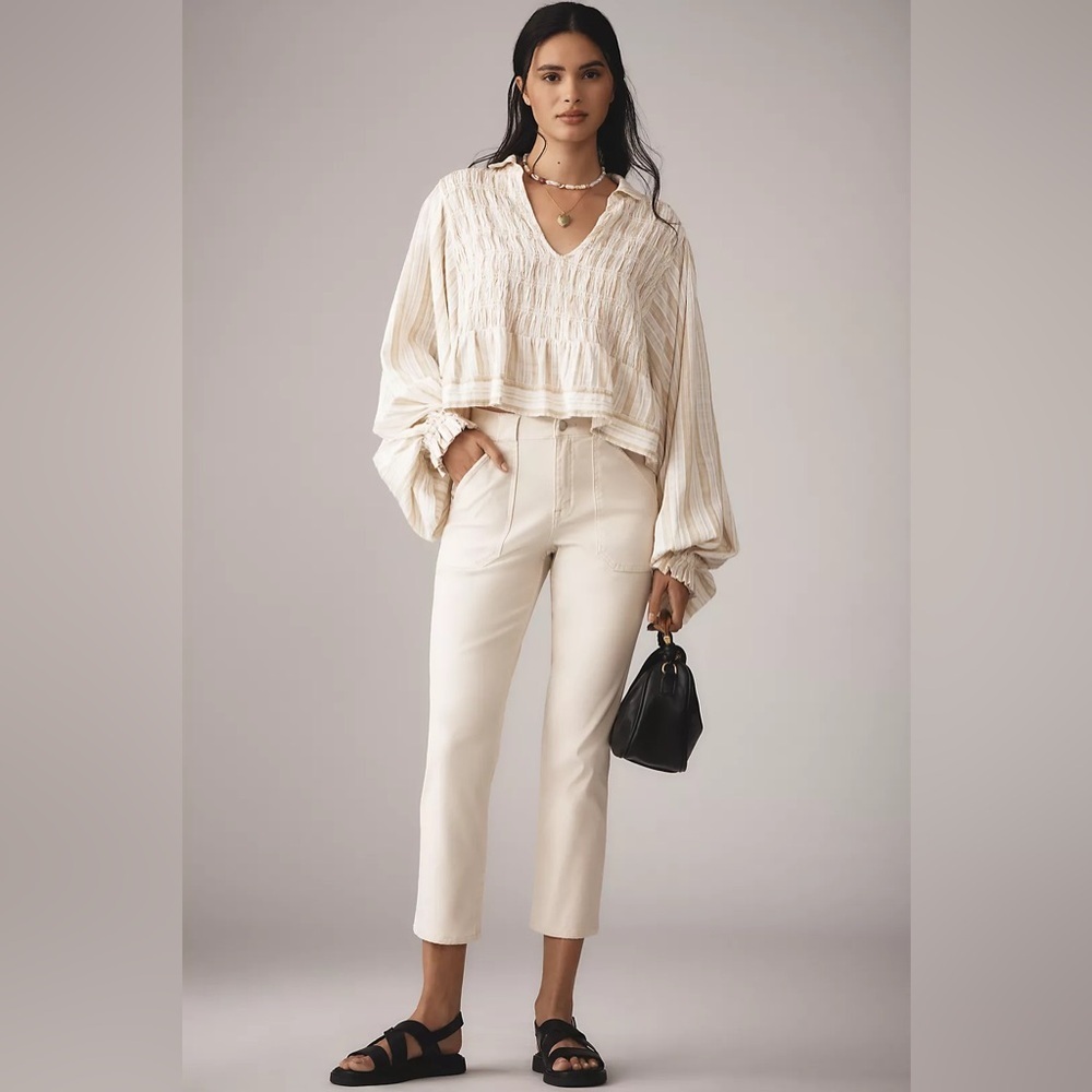 NWT L - Anthropologie Balloon-Sleeve Collared Blouse in Green (NWT US$ 118)
